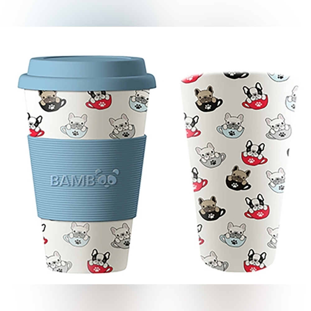 French Bulldog Print Bamboo Travel Coffee Tea Mug Cup 15oz New‎ In Box